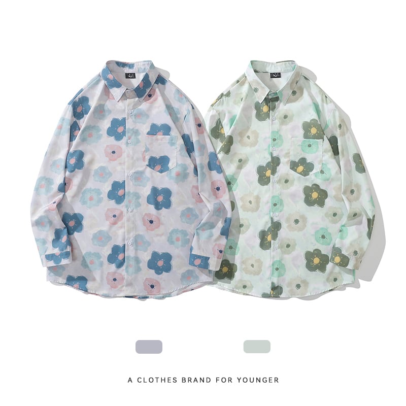 [MOISHE TIDE Series]★Floral pattern shirt★ 2color tops long sleeve shirt spring/summer ML XL 2XL unisex men's green blue