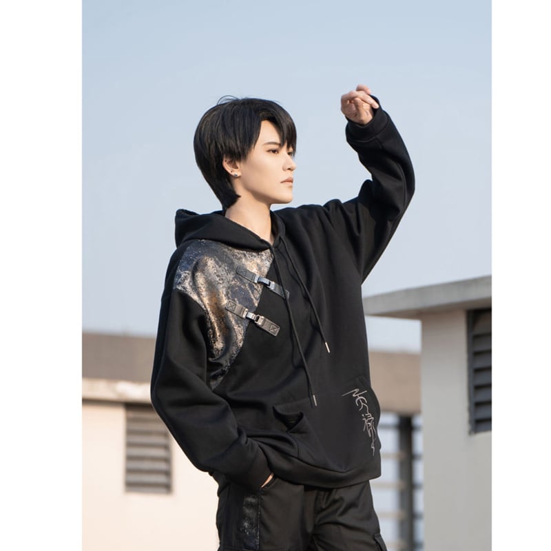 [Kyodo Series]★China style hoodie★ Tops Unisex Men's Switching Black Black Original