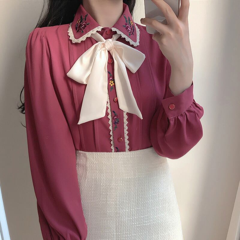 [Sunday Series]★Shirt★ 2color Tops with Ribbon Embroidery Commuting Date Office Ladies Fashion