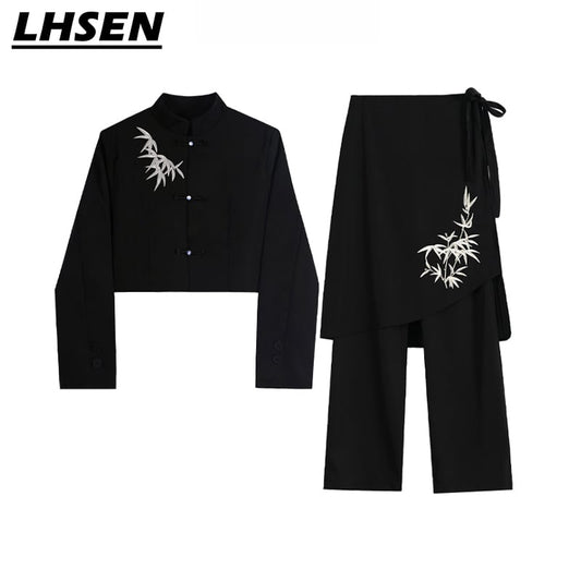 [LHSEN Series]★China style trousers★Bottoms Designed Bamboo Easy to match Black Black