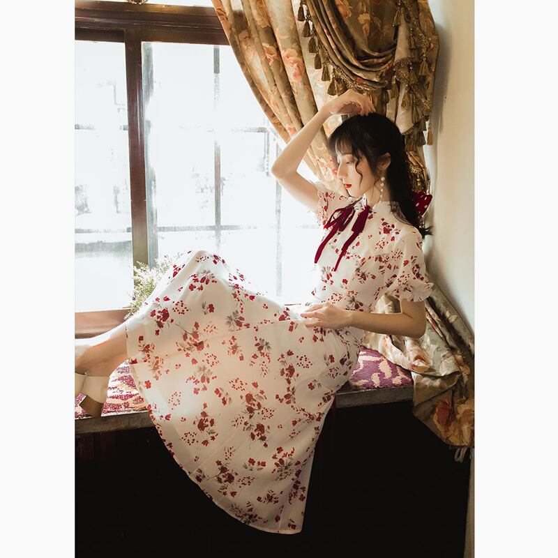 【華莎之城シリーズ】★チャイナ風ワンピース★ 花柄 レトロ 気質アップ ロング丈 S M L 半袖 夏 お祭り