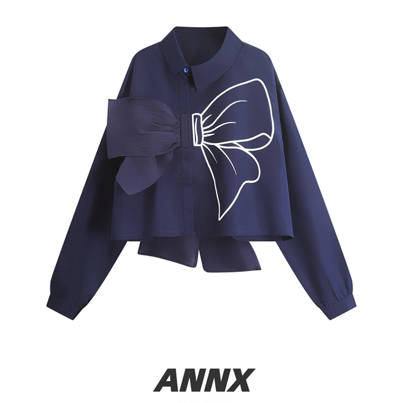 [ANNXstudio series]★Shirt★ Long sleeve shirt tops ribbon cute blue blue easy to match stylish