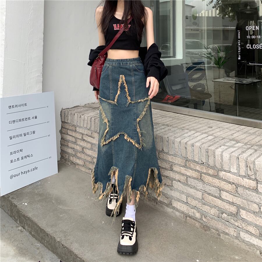 [OURI Series]★Denim Skirt★ Long Skirt Bottoms Large Size Star Star Fashionable Wear