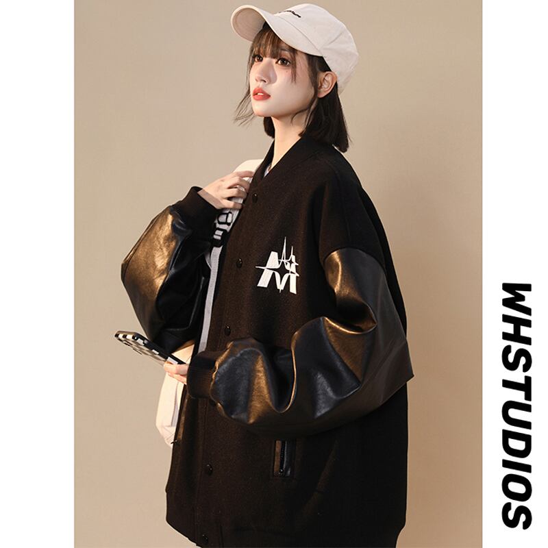 [FKZ Series] ★Jacket★ Stadium jacket unisex men's color scheme black black spring clothes cool ML XL 2XL 3XL