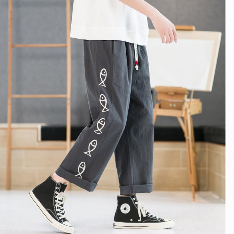 [TAOHUAYUAN Series]★China style trousers★ 3color bottoms trousers casual pants unisex men's large size fish nine-quarter length