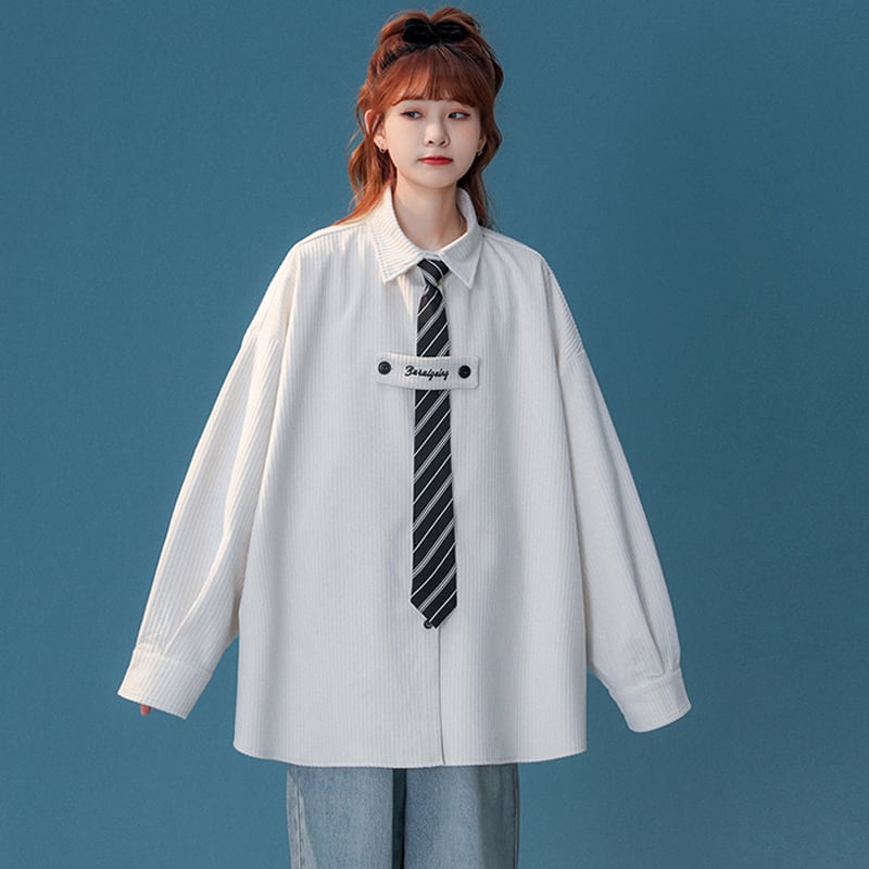 [Fujiiman Series]★Shirt with tie★ 3color Unisex Men's Long Sleeve Tops Autumn Clothes White Black Yellow