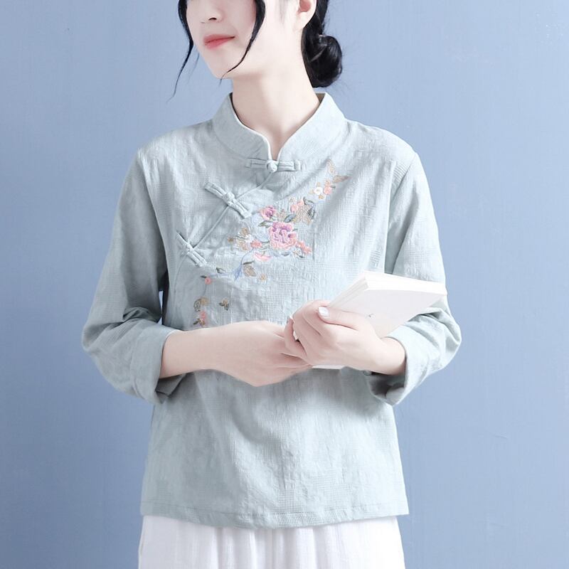 [Qing Series]★Chinese style tops★ 4color embroidered tops slimming Chinese clothes White Blue Green Purple Pink