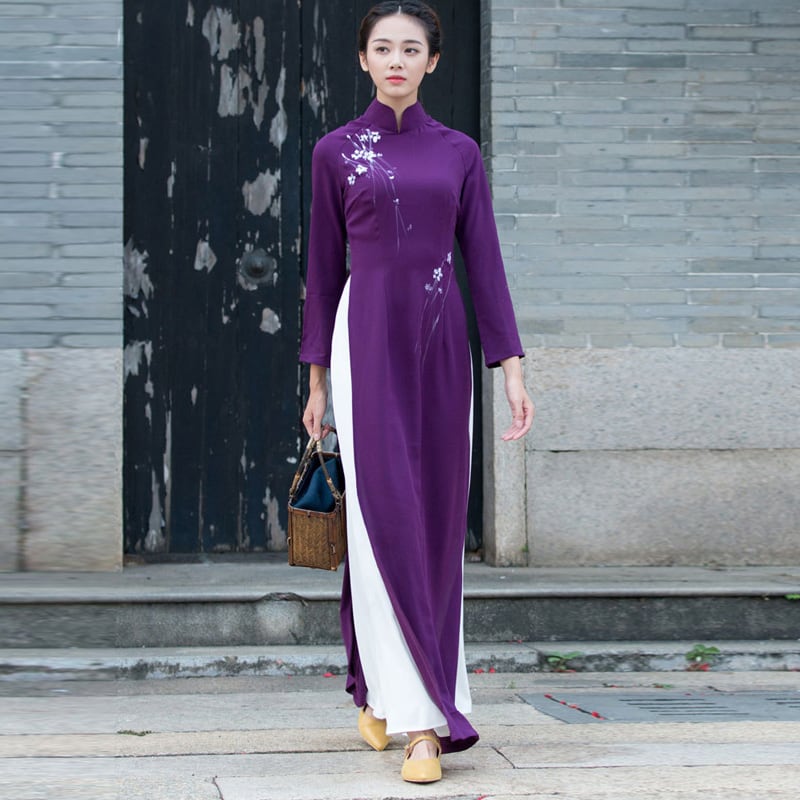 Ao Dai Vietnamese Ethnic Style Long Dress Side Slit Long Sleeve Stand Neck Dress After-Party Bride Thank-you Party Date Invitation Blue Pink Large Size SML XL 2XL