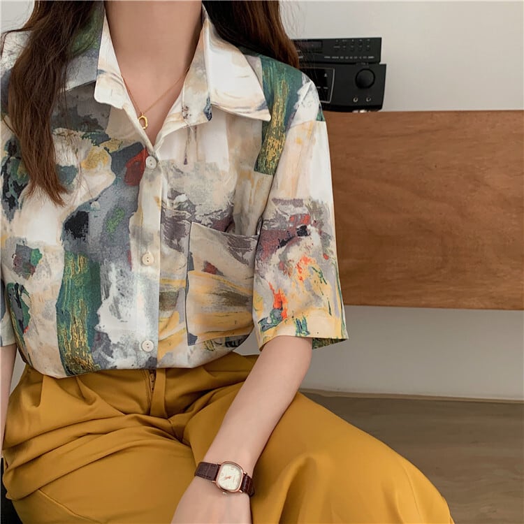 [YIHAO Series]★Shirt★ Tops Oil Painting Style Men's Short Sleeve Shirt Summer Clothing Women's Fashion Cool