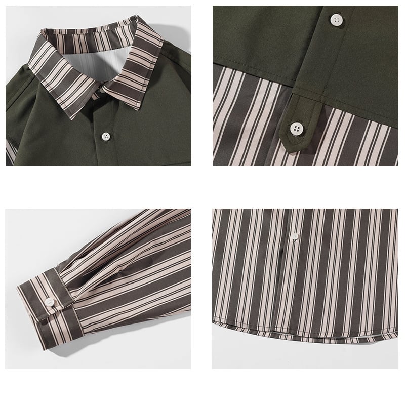 [BIGEMAN Series]★Shirt★ Tops 2color Unisex Men's Large Size Vertical Stripes Green Green Faux Layered