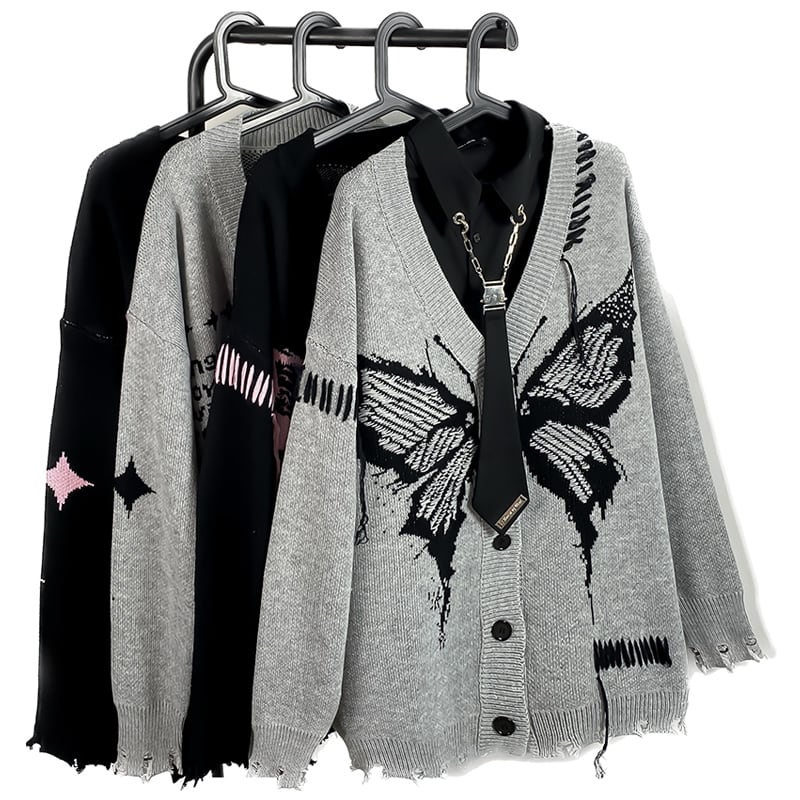 [KKYESIOU Series]★Sweater★ 2color Cardigan Tops Unisex Men's Butterfly Black Gray