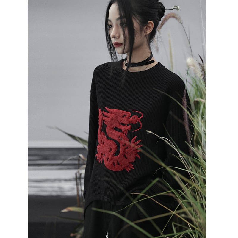 [Big Blue Dragon Series] ★Chinese style sweater★ Knit tops Dragon crest Chinese clothing Black Black Irregular