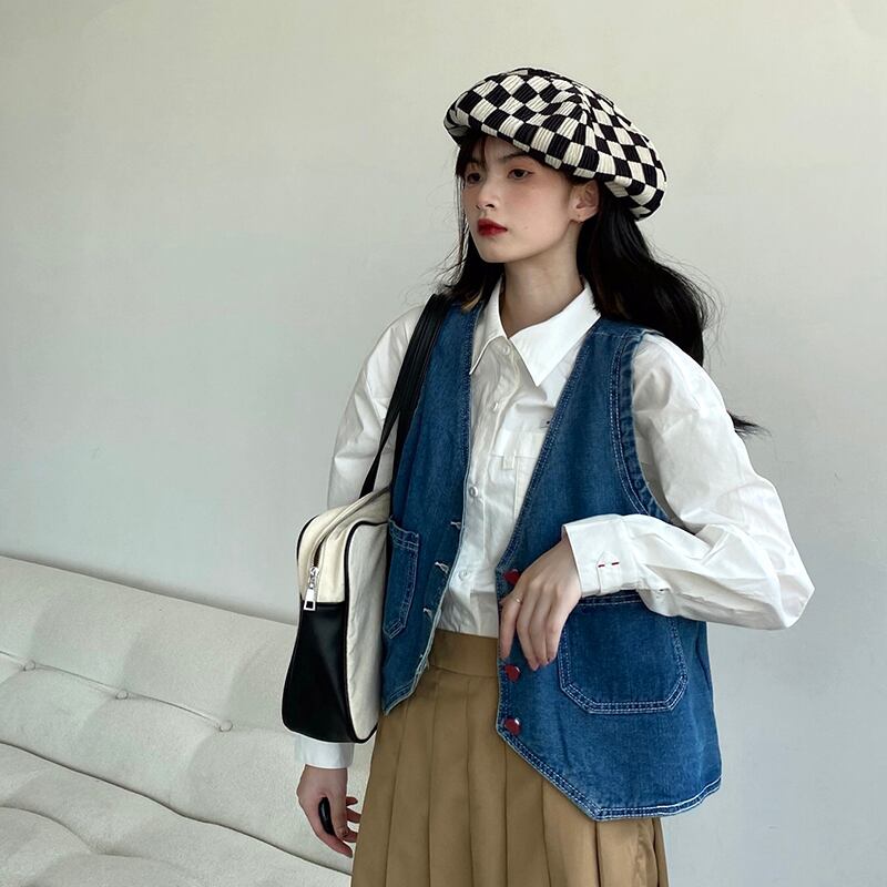 [KEKE Series] ★Vest★ Tops Denim Jeans Stylish Cute Button Hat Easy to match