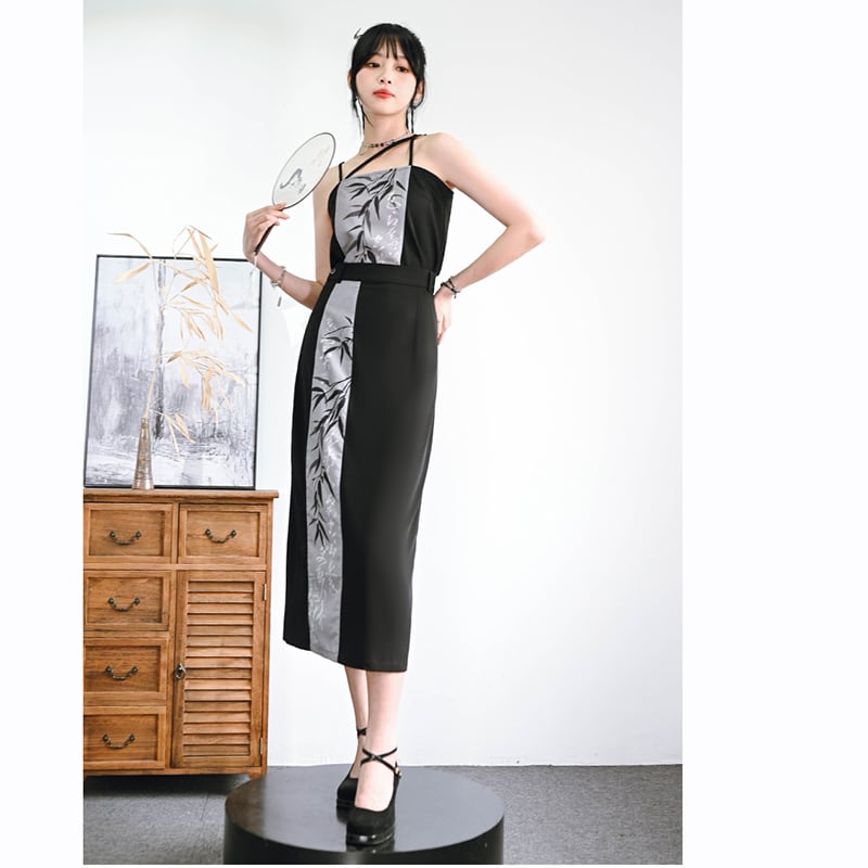 [Kokaisha --- Bamboo Series] ★China-style skirt★ Bottoms, switching print, bamboo pattern, slimming, easy to match