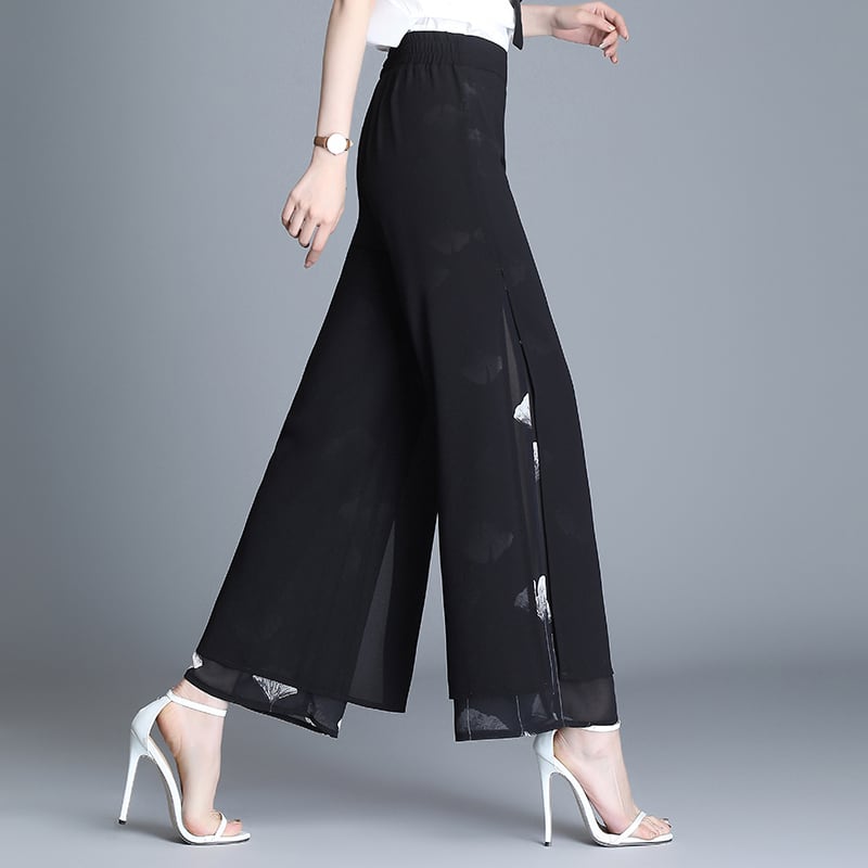 [Aooka Series]★Gaucho Pants★ Chiffon Women's Fashion Slit Easy to Match Black Black