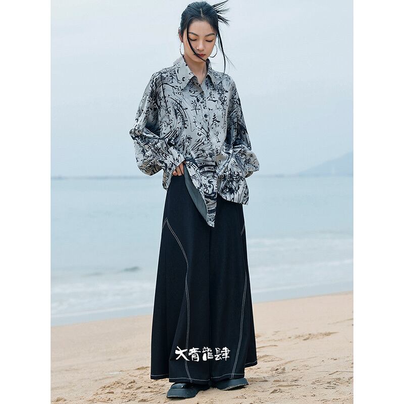 [Big Blue Dragon Series] ★China style shirt★ Tops Satin original letter pattern Easy to match long sleeve shirt