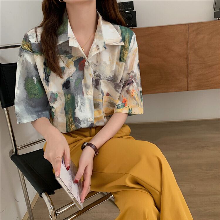 [YIHAO Series]★Shirt★ Tops Oil Painting Style Men's Short Sleeve Shirt Summer Clothing Women's Fashion Cool