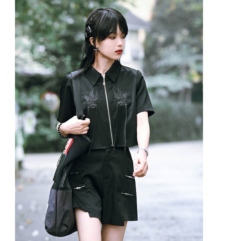 [Kokaisha --- Return Series] ★China style tops★ Shirt 2color short length black black embroidery short sleeve