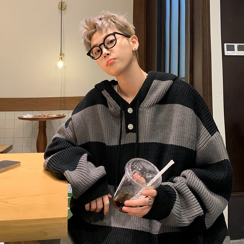 [NANSHI Series]★Sweater★ 2color Knit Parka Tops Unisex Men's Horizontal Stripes Striped Pattern Black Blue