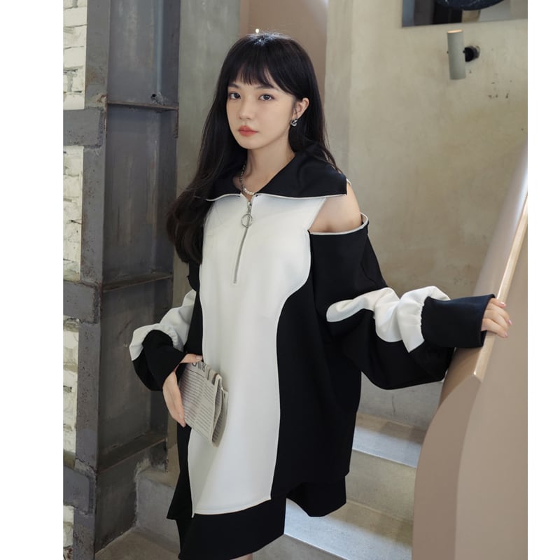 [DEER Choyo Deer Series] ★One piece★ Short length, casual, off-the-shoulder, color scheme Black White Black White S M L XL