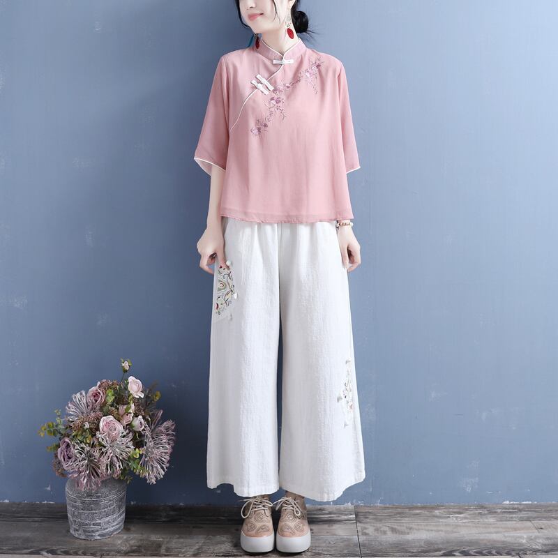 [Qing series]★China style tops★ 3color three-quarter sleeve color scheme blue white pink blue white retro literary style