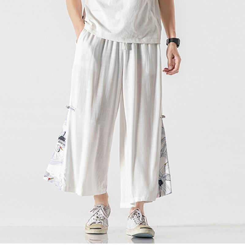 [Mowensai Series]★China style trousers★Men's 3color cotton crane print loose large size black white blue