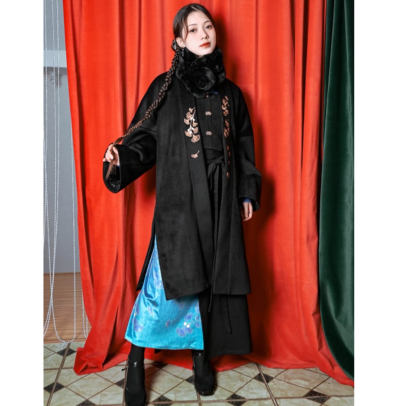 [Kokaisha --- Leaf Series] ★China style coat★ 2color embroidery outerwear long length Hanfu coat black gray