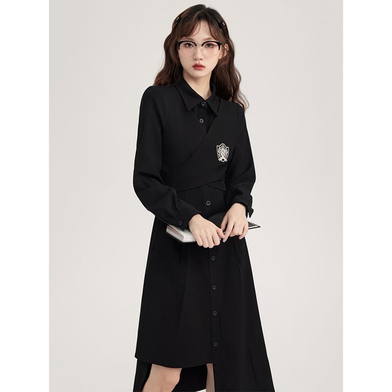 [Shojinsho Series] ★One Piece★ Irregular long sleeve dress Designed Cute Stylish Black Black