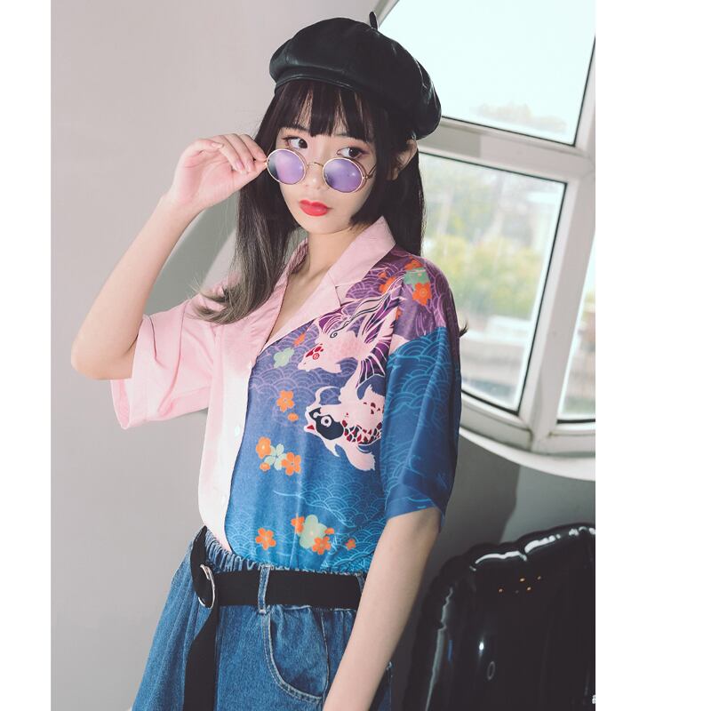 [Kokaisha---Bun Series] ★China style top★ Irregular V-neck short sleeve print Summer Easy to match Cute ML XL