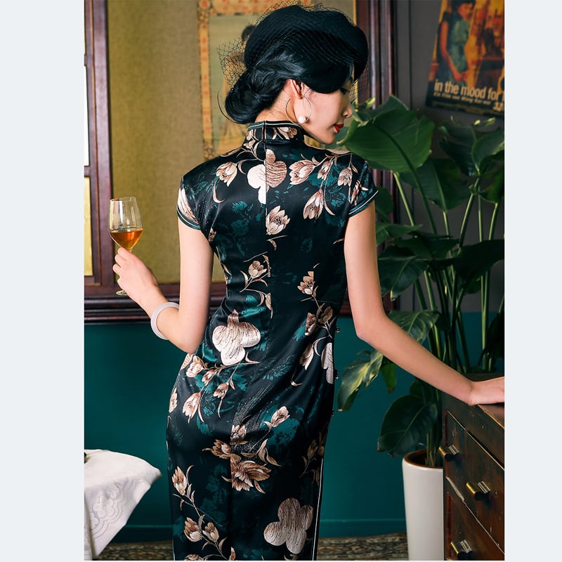 [Four Little Sisters Series] ★Long Chinese dress★ Luxury silk Chinese style dress, short sleeves, slimming, large size