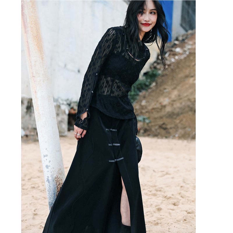 [Big Blue Dragon Series] ★China style skirt★ Bottoms Chinese button slit slimming black black