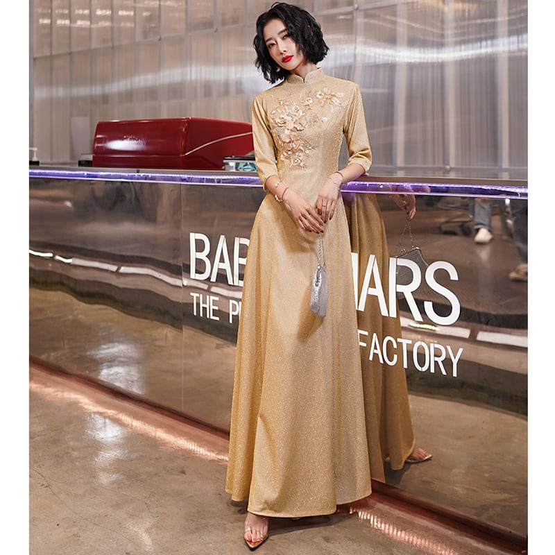 [Chouga series] ★Party dress★ Maxi length dress Improves temperament Gold Golden Chinese style