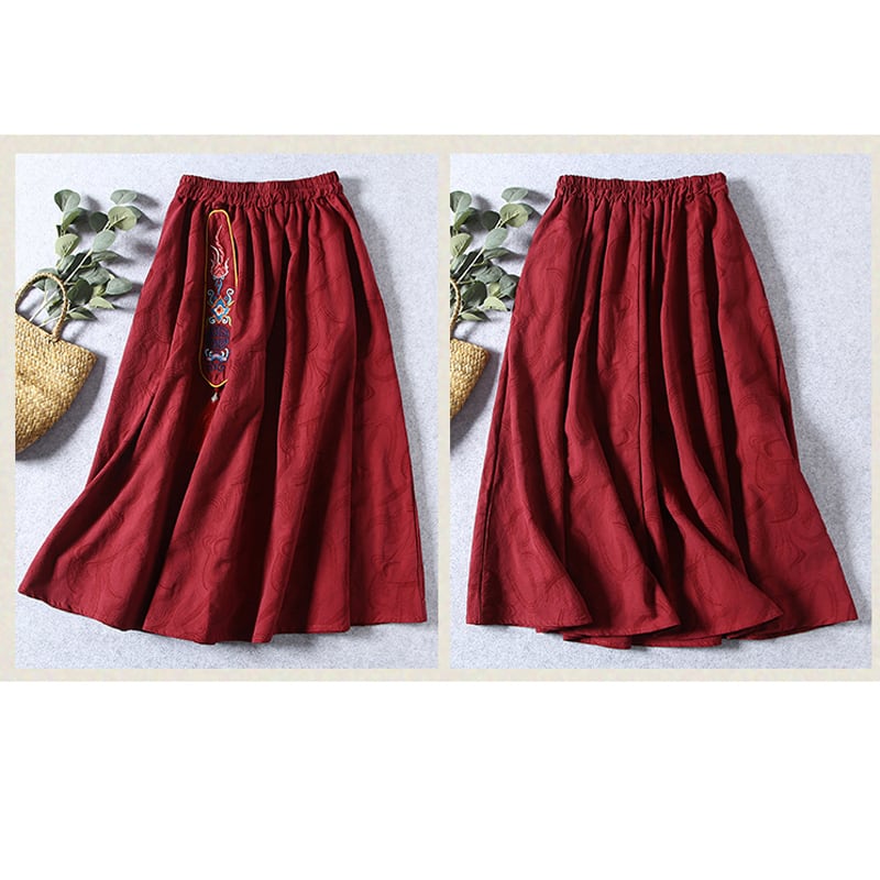 [Qing series]★China style skirt★ 3color Green or red or black Bottoms Embroidered Cotton Linen Casual Green Black Red