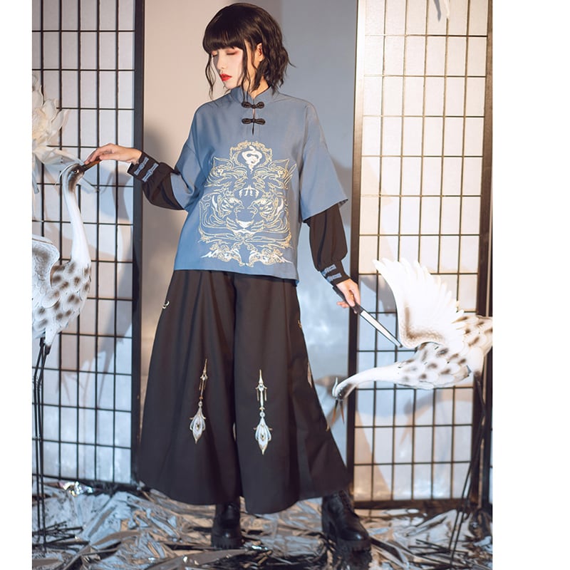 [Kyodo Series]★China style pants★ Embroidery Unisex costume Couple clothes Men's Gaucho pants Black Black