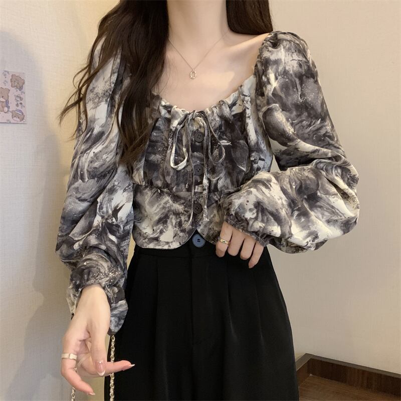 [SANMUZI Series] ★Tops★ 3 Colors Floral Tops Blouse Mini Length Cute Spring Clothes Unique Black Gray Blue