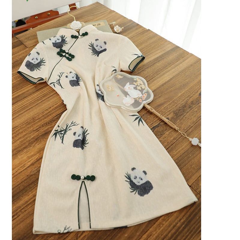 [Daughter fish series]★Cheongsam dress★Short length Chinese style dress Panda cute slimming wear