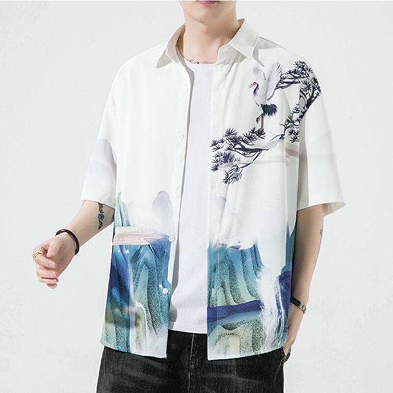 [MOWENZHAI Series] ★China Style Shirt★ Ink Pattern Crane Short Sleeve Shirt Tops Unisex Men's Large Size