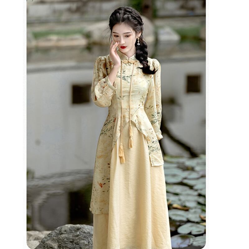 [Az Suna Series] ★Chinese style dress★ Chinese dress print switching SML XL Retro SML XL