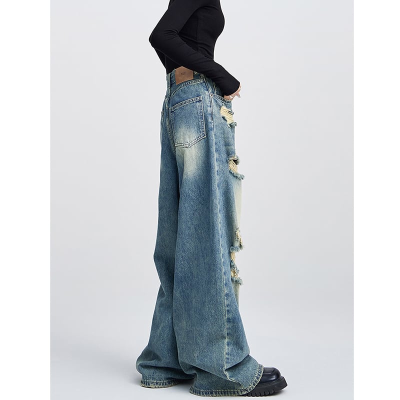 [EDX Series]★Denim Pants★ 2color Bottoms Unisex Men's Black Blue Distressed Easy to Match