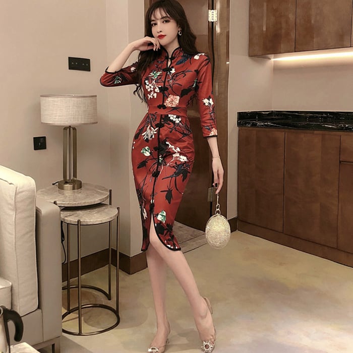 Sexy Chinese Dress Short One Piece SML Coming of Age Ceremony Party Red Red Slit Floral Pattern