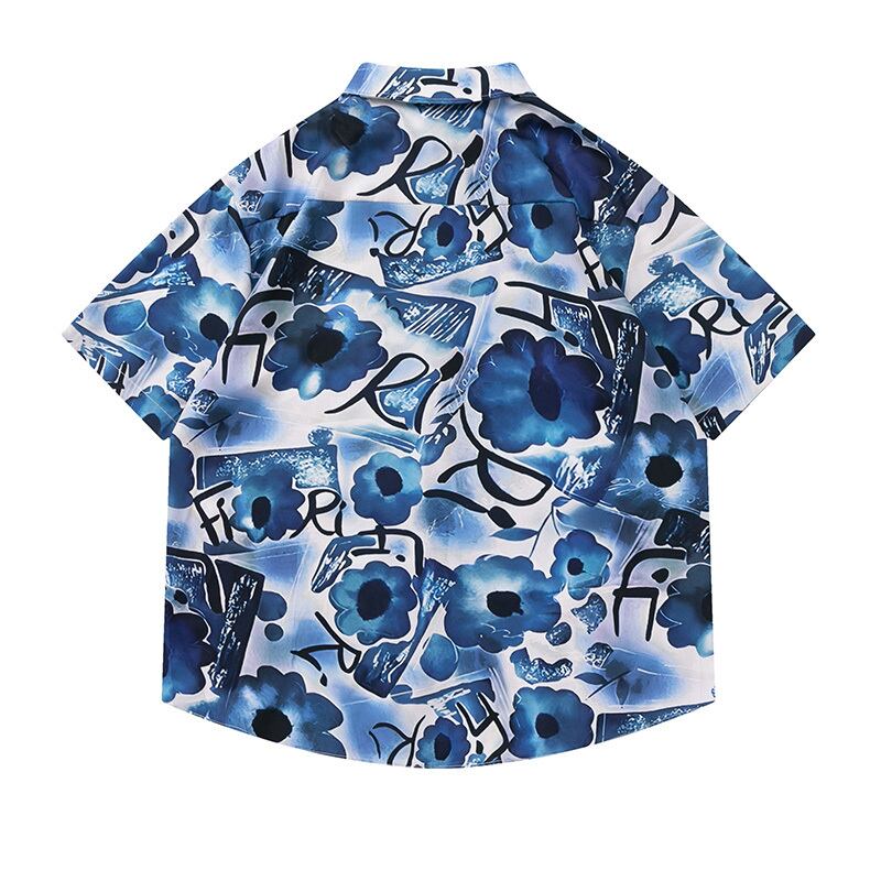 [JINKESEN Series]★Shirt★ Aloha Shirt Okinawa Hawaii Tops Thin Short Sleeve Shirt Unisex Men's Floral Pattern Shirt Blue