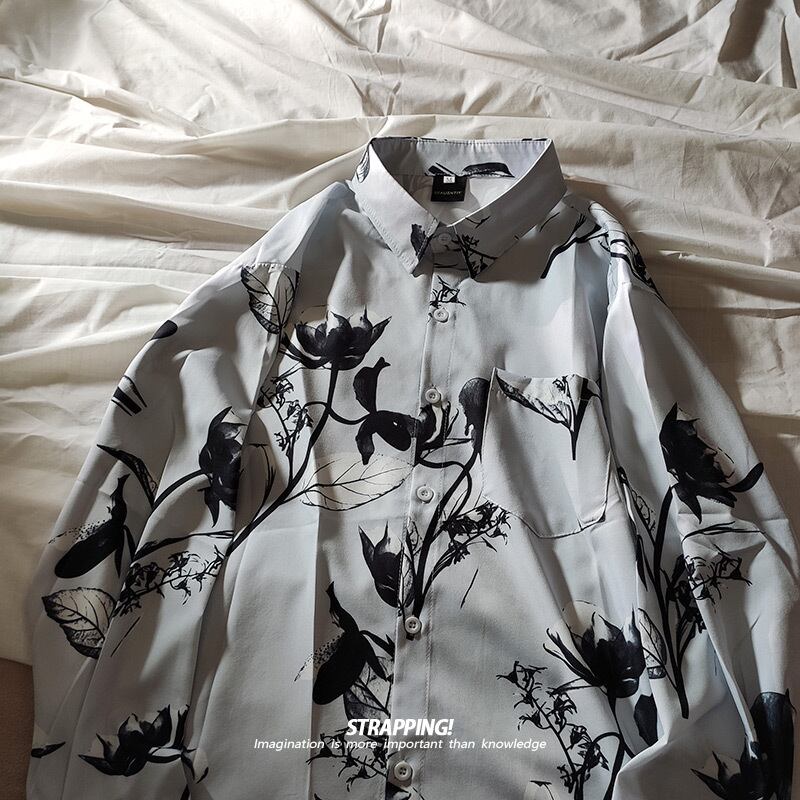 [STRAPPING Series]★Shirt★ 2color Tops Print Unisex Men's Spring Clothes Autumn Clothes Thin Black White Ink Pattern