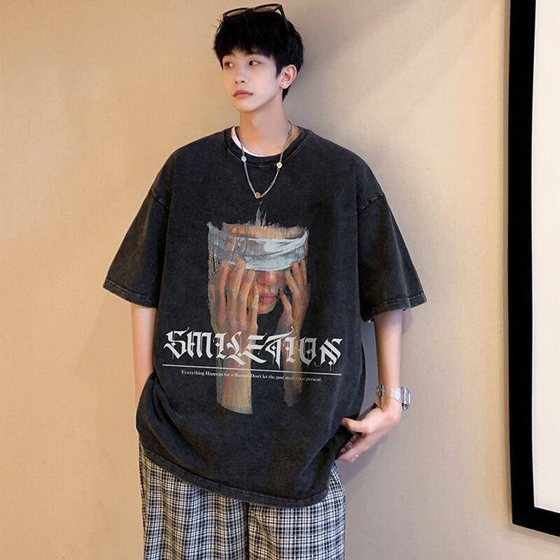 【Lettheheartシリーズ】★レトロ トップス★ Tシャツ 男女兼用 メンズ 大きいサイズ 黒灰色 かっこいい