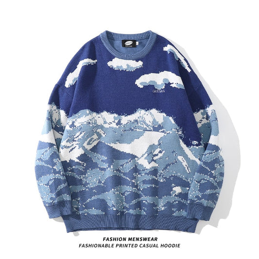 【創シリーズ】★セーター★ 2color トップス 男女兼用 メンズ 雪山 ブルー 青い M L XL 2XL ラウンドネック