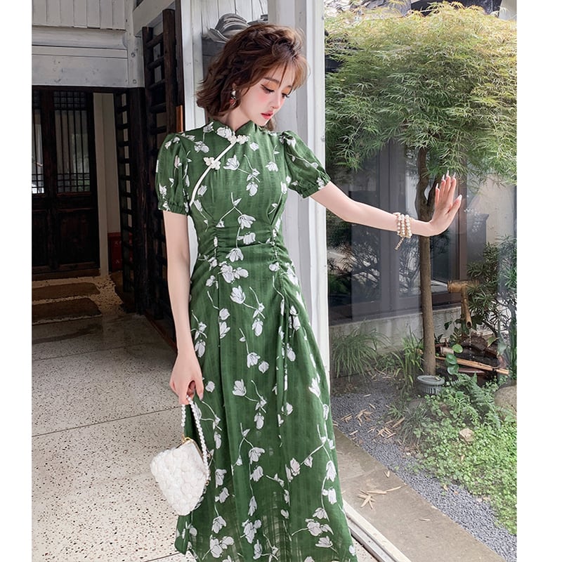 [Weice series] ★China style dress★ Improved cheongsam dress Floral pattern dress Slimming green Green