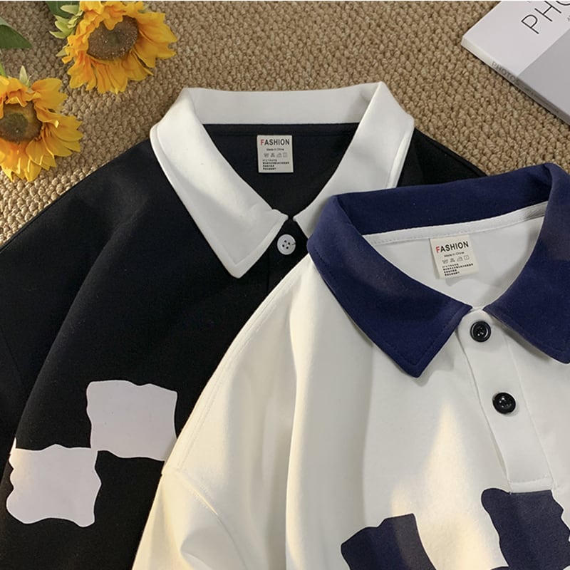 [OULUDE Series]★POLO Shirt★ Tops 3color Plaid Pattern Unisex Men's ML XL 2XL White Black Coffee Color