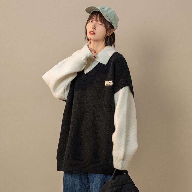 [Suikoishi Series]★Sweater★ Tops 4color Unisex Men's Fake Layered Green Beige Blue Black