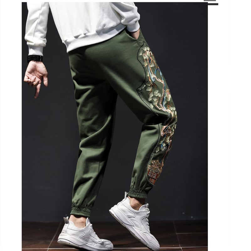 [Small Trouble Series] ★China style pants★ 3 colors Black or green or light brown Embroidery Floral pattern Unisex Large size