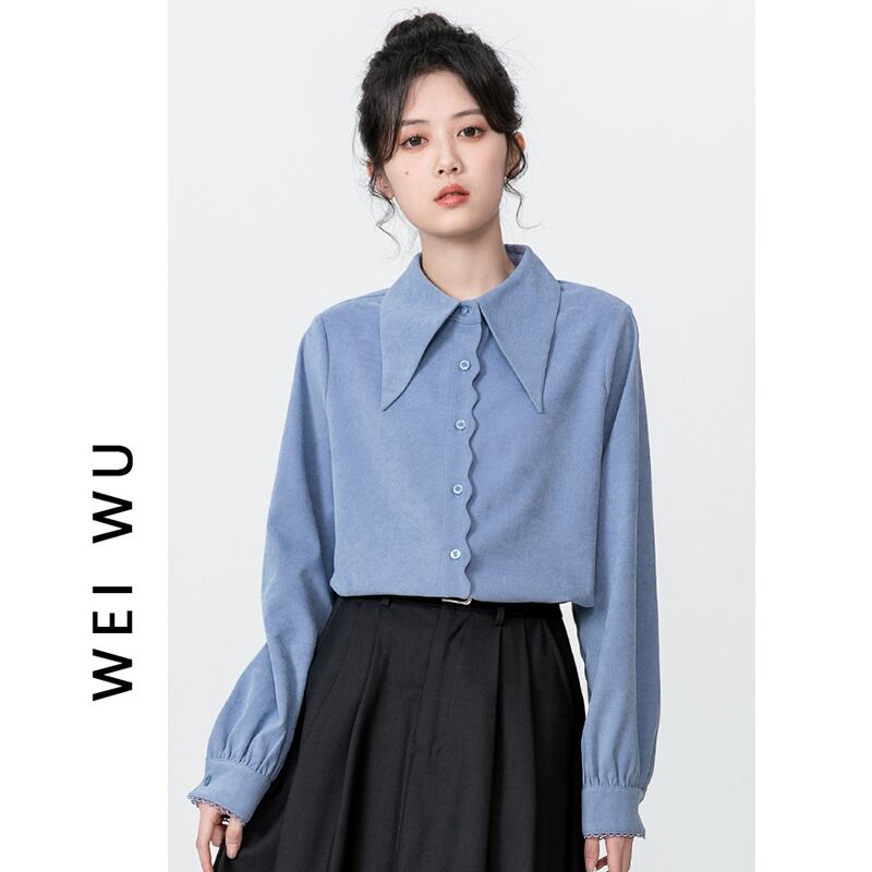 [WEIWU Series]★Shirt★ Tops Ladies Simple Commuting Easy to Match Blue Blue Standard Cute