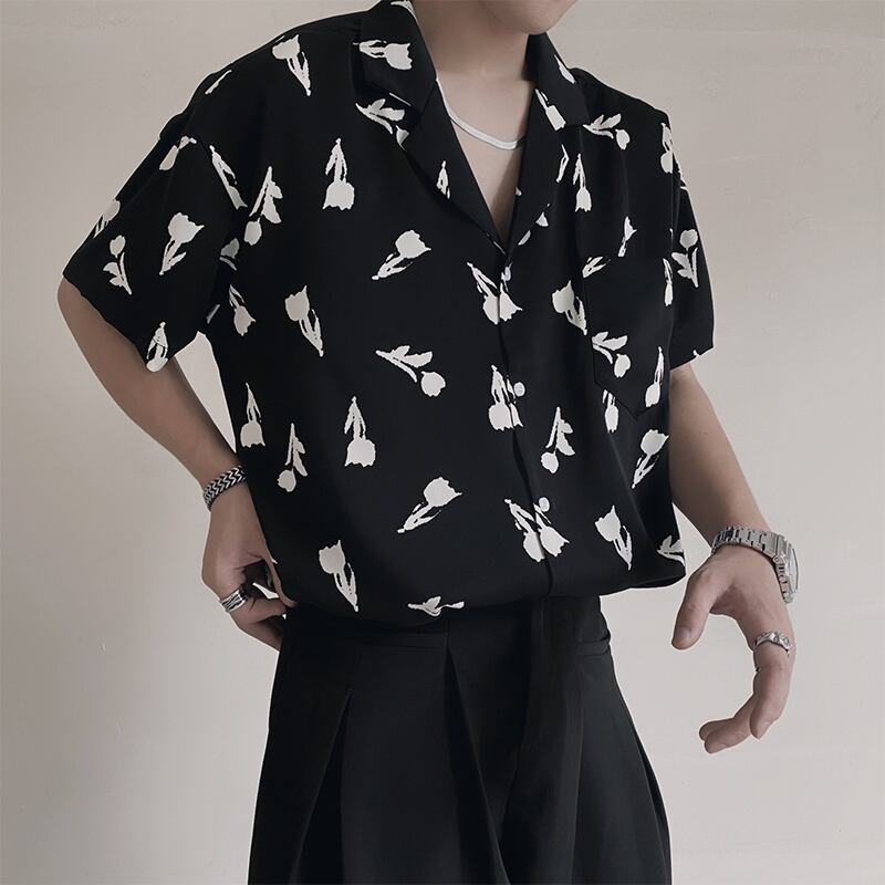 [ZHUIYI Series]★Shirt★ Tops Unisex Men's Black Black Rose Pattern Short Sleeve Shirt Cool